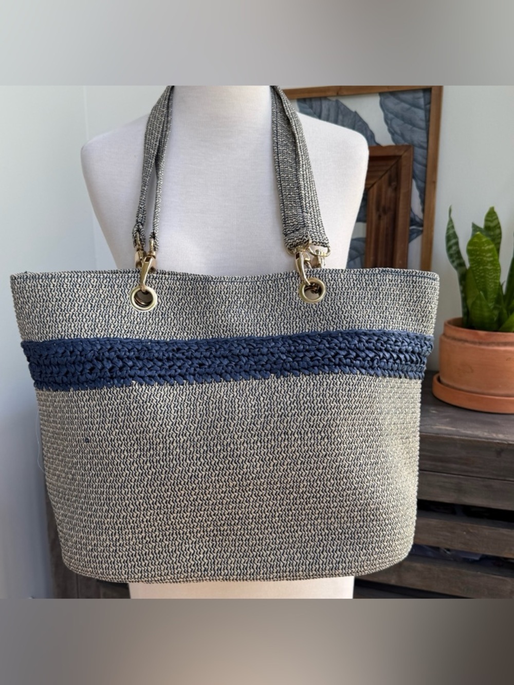 Navy Woven Straw Tote Large Summer Beach Bag NWOT